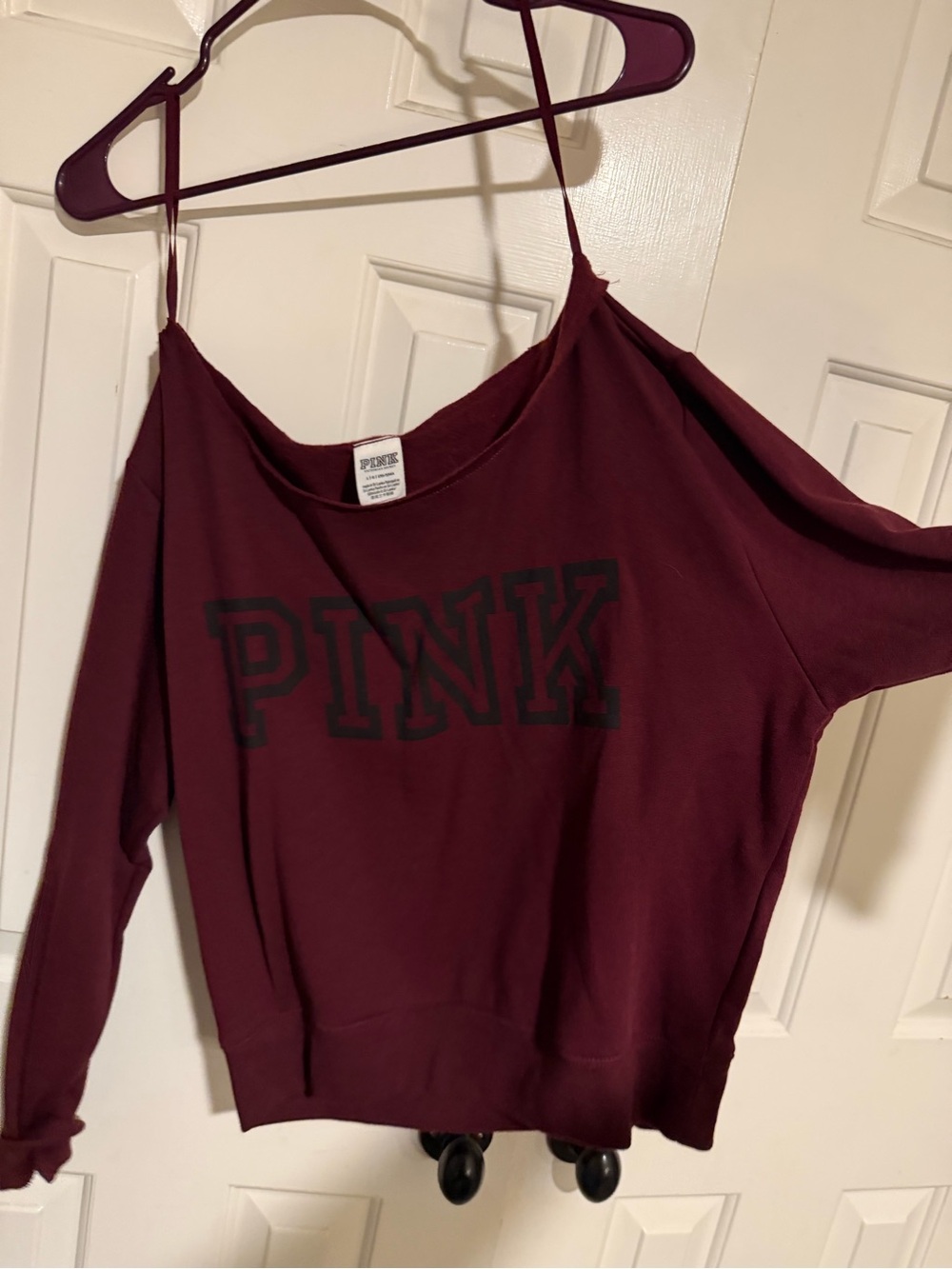 PINK Victoria's Secret Off-the-Shoulder Sweatshirt in Burgundy with Black Logo